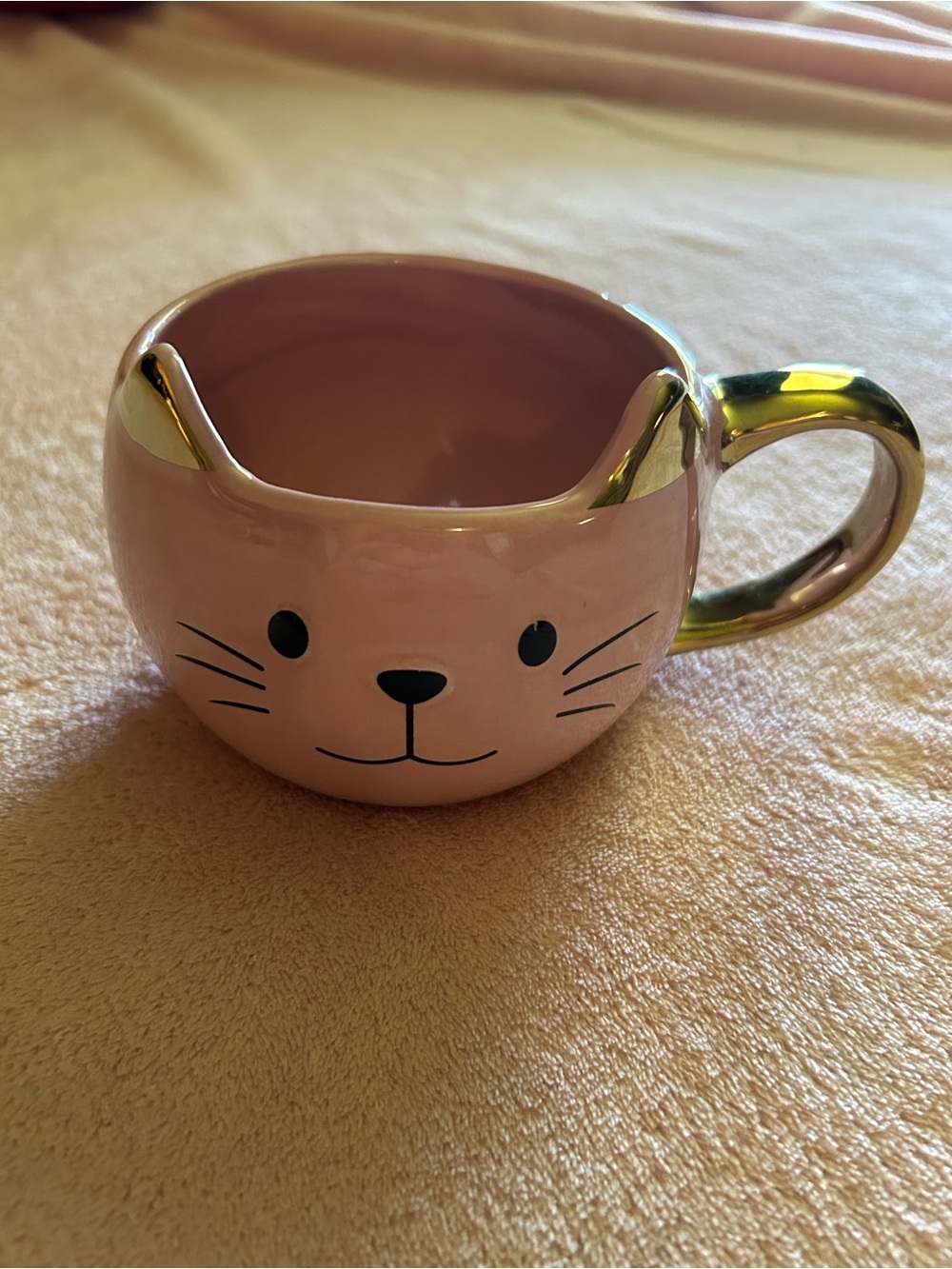 Hobby Lobby Pink Cat Face Ceramic Mug with Gold Handle